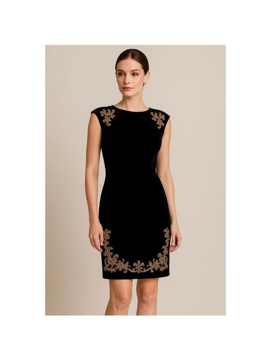 White House Black Market Dresses & Skirts - White House Black Market Black Velvet Mini Dress with Gold Appliqué